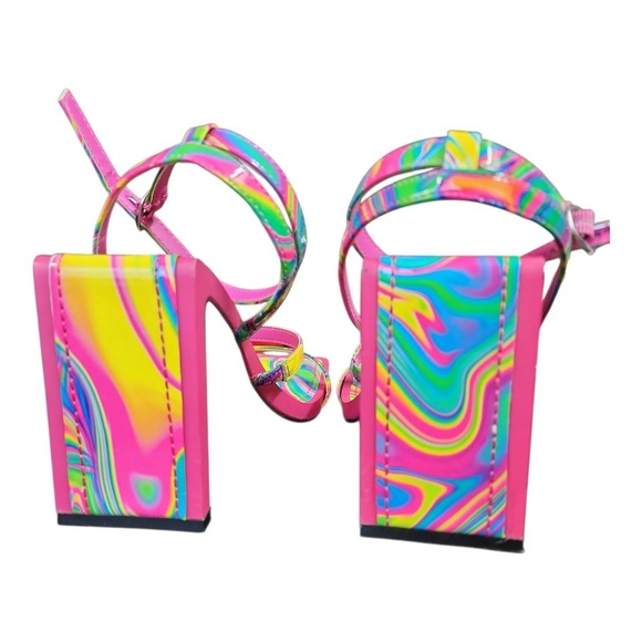 Bamboo Heels Swirl Print Open Toe Block Ankle Strap Sz 7.5 Party Shoes Used - Picture 6 of 13